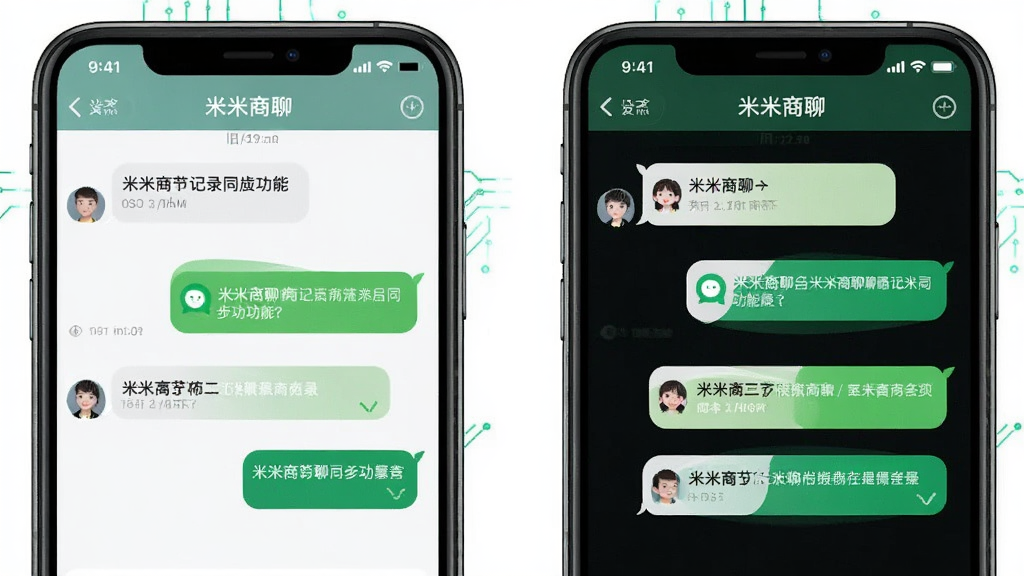 米米商聊聊天记录同步功能展示,主体为两台手机并排,布局为左侧手机显示旧对话,右侧手机显示同步后的相同对话,排版对称,风格科技感,细节清晰,画质干净无多余元素,屏幕中显示文字“米米商聊”