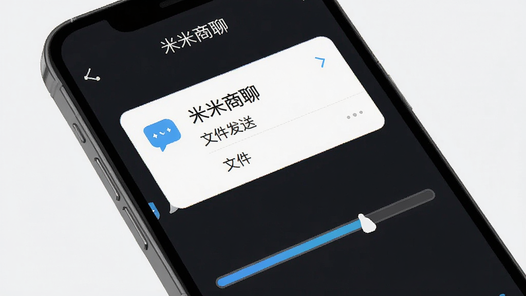 米米商聊文件传输界面,主体为手机屏幕,布局为文件发送对话框与传输进度条,排版清晰,风格现代简约,细节干净,画质高清无多余元素,屏幕中显示文字“米米商聊”