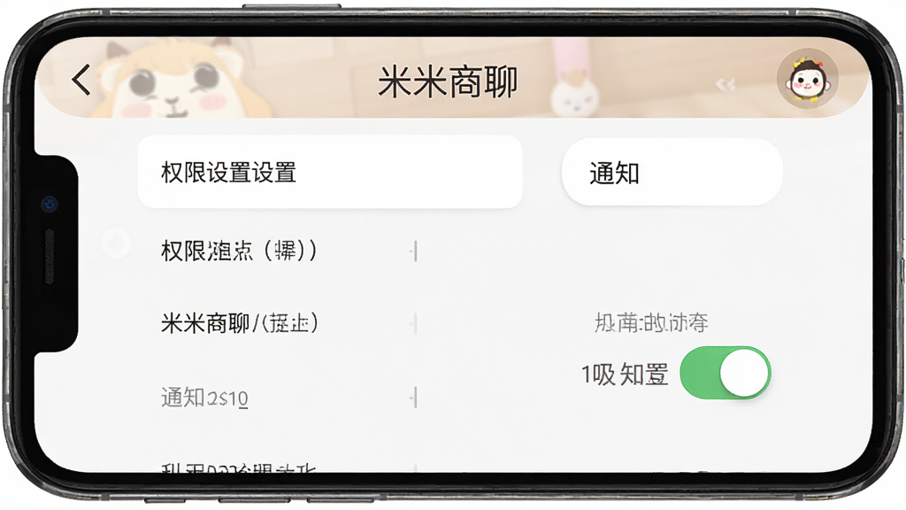米米商聊安装设置界面,主体为手机屏幕,布局为权限设置列表与通知开关,排版清晰,风格简洁实用,细节明确,画质干净无多余元素,屏幕中显示文字“米米商聊”