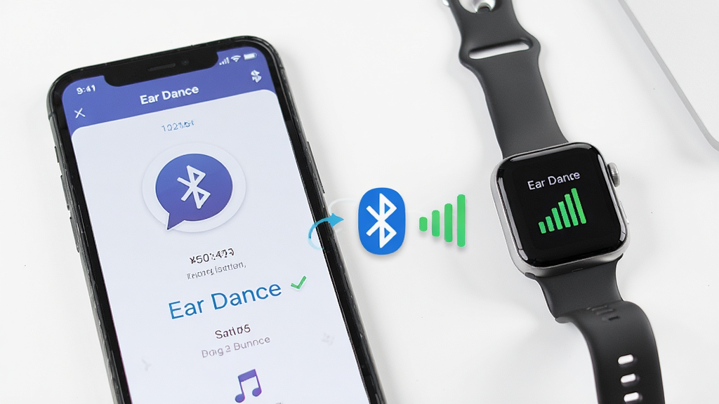 一张Ear Dance软件连接稳定性示意图,画面中一部手机和一只智能手表之间显示着蓝牙连接图标和信号强度条,背景是简洁的白色桌面,手机屏幕上显示Ear Dance的连接状态界面,风格干净清爽,细节清晰,画质干净无多余元素