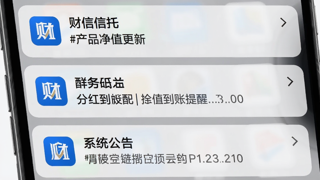 一张手机通知中心显示金融APP消息推送的图片,画面中有“财信信托”APP发来的多条通知,包括产品净值更新、分红到账提醒和系统公告,通知列表排列整齐,图标为蓝色信托logo,背景干净,风格简约现代,画质清晰,无多余元素
