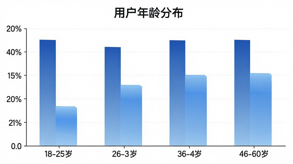 一张柱状图展示“财信信托”APP用户年龄分布,横轴为18-25岁、26-35岁、36-45岁、46-60岁四个年龄段,纵轴为用户占比百分比,柱状图颜色为蓝色渐变,图表标题为“用户年龄分布”,背景干净,风格商务简洁,画质清晰,无多余元素