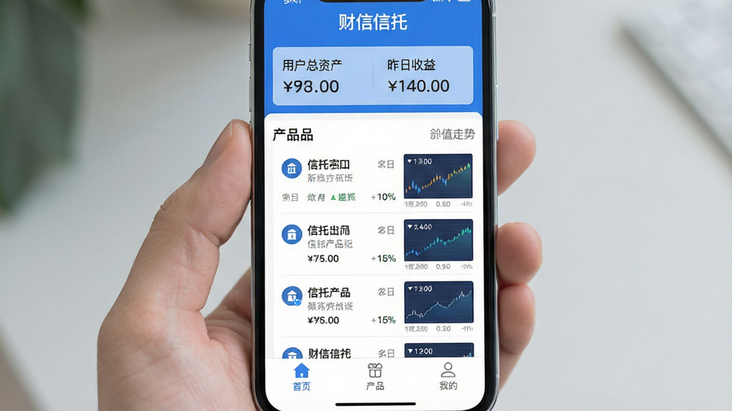 一张手机屏幕展示金融理财APP界面的图片,画面中央是“财信信托”APP的首页,顶部显示用户总资产和昨日收益,中间区域整齐排列着信托产品列表和净值走势小图,底部有“首页”“产品”“我的”三个导航图标,整体布局简洁,蓝白配色为主,风格现代扁平,画质清晰干净,无多余元素