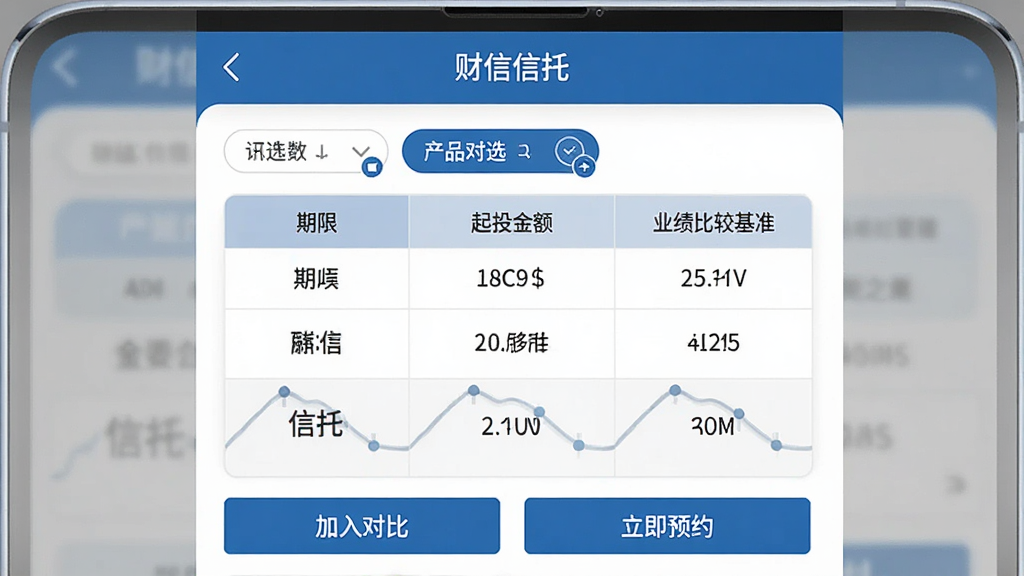 一张展示金融产品对比界面的图片,画面中“财信信托”APP的产品对比页面显示三款信托产品的关键指标表格,包括期限、起投金额、业绩比较基准等,表格上方有筛选按钮,下方有“加入对比”和“立即预约”按钮,界面风格简洁商务,蓝白灰配色,文字清晰,画质干净,无多余元素