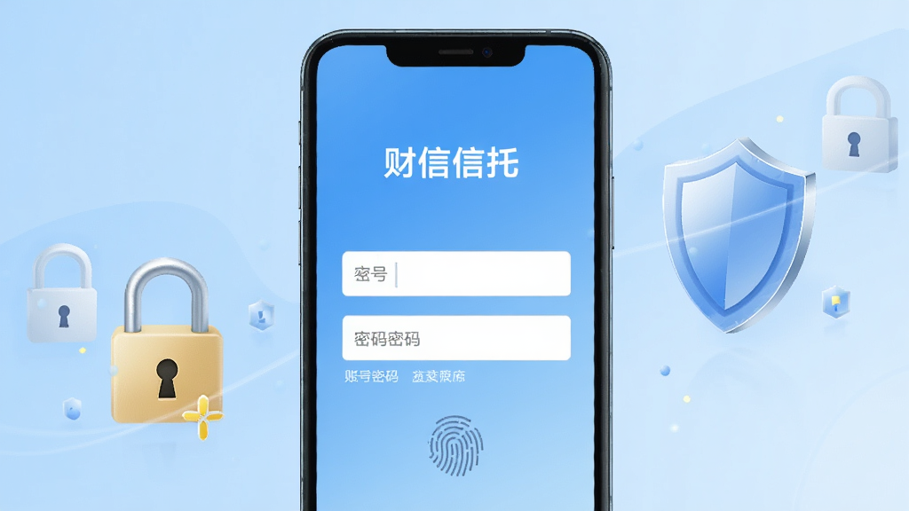 一部智能手机屏幕显示“财信信托”APP的登录界面,界面上有账号密码输入框和指纹识别图标,背景是浅蓝色渐变,画面中有安全锁和盾牌的视觉元素,风格简洁安全,画质清晰,无多余元素