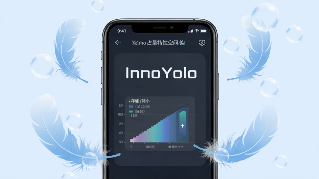 InnoYolo 轻量运行特性展示图,主体为手机屏幕显示应用占用存储空间小的示意图,布局为手机居中加周围环绕轻盈的羽毛或气泡元素,排版突出轻量感,风格为清新简洁风,细节上手机屏幕显示
