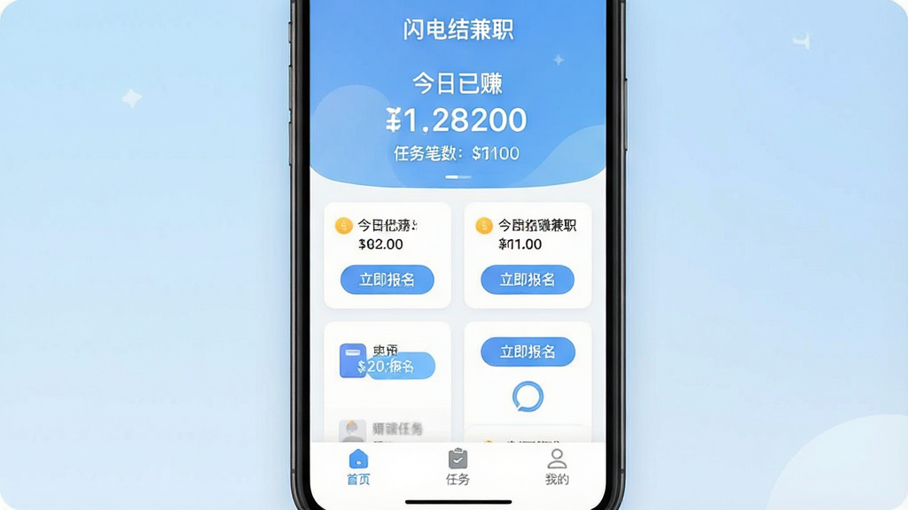 一张手机屏幕特写,画面中央是“闪电结兼职”App的主界面,界面顶端用大号字体显示“今日已赚”金额和任务笔数,中间区域排列着几个任务卡片,卡片上有“立即报名”按钮,底部导航栏有“首页”、“任务”、“我的”三个图标,背景是淡蓝色渐变,整体风格干净清爽,扁平化设计,UI细节圆润,画质清晰无多余元素,模拟真实手机截图效果