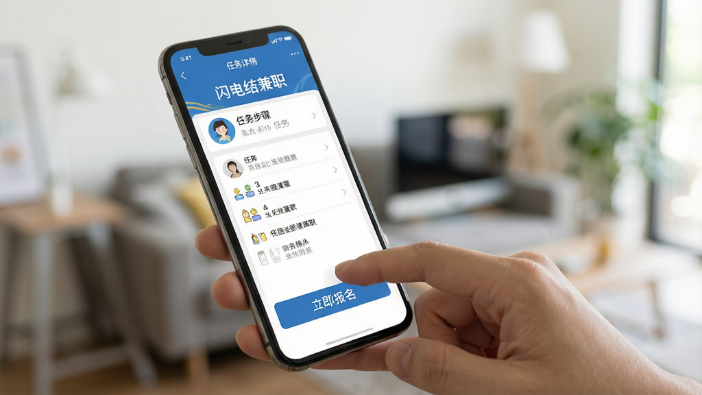 一张手机操作界面示意图,画面中一只手拿着手机,手指正准备点击屏幕上的“立即报名”按钮,手机屏幕显示“闪电结兼职”的任务详情页,页面布局清晰,有任务步骤说明,背景是模糊的室内环境,风格写实,画质清晰明亮,突出操作便捷的特点