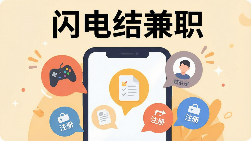 一幅扁平化插画,画面中心是一个巨大的手机屏幕,屏幕里飞出各种不同的任务图标,比如有“试玩”字样的游戏手柄图标、有“问卷”字样的文档图标、有“注册”字样的用户头像图标,这些图标像气泡一样漂浮在手机周围,屏幕上方用醒目的字体写着“闪电结兼职”,背景是柔和的暖色调,整体风格活泼明快,画质干净,没有杂乱线条