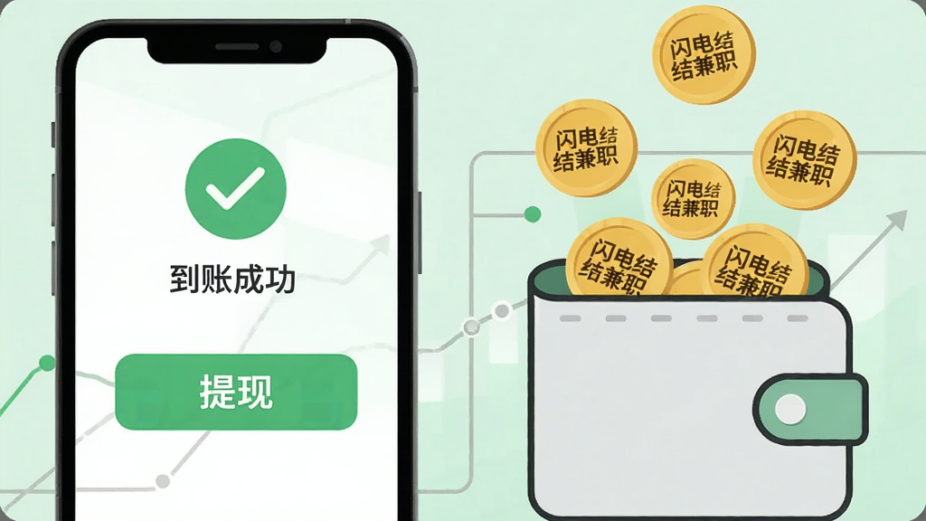 一张信息图表风格的图片,画面左侧画着一个手机屏幕,屏幕上显示“提现”按钮和“到账成功”的对勾图标,右侧是一个钱包图标,钱包里不断有金币落入,金币上写着“闪电结兼职”的字样,背景是浅绿色,图表线条简洁,风格现代,画质干净无多余元素