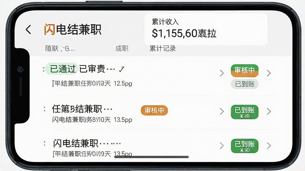 一张手机截图风格的图片,画面显示“闪电结兼职”的任务记录页面,列表中有多条任务记录,状态栏分别显示“已通过”、“审核中”、“已到账”等不同颜色的标签,顶部有“累计收入”的数字展示,背景是干净的白色,界面排版整齐,画质清晰,模拟真实App的列表界面