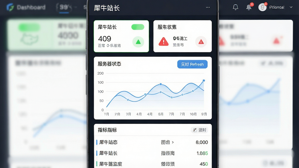 一张手机应用数据监控页面,画面主体为“犀牛站长”服务器状态面板,布局为上方概览卡片、中间折线图、下方指标列表,排版为纵向滚动结构,风格为数据可视化仪表盘风格,细节包含绿色正常状态指示灯、红色警告图标、实时刷新按钮,画质干净无噪点,无多余元素