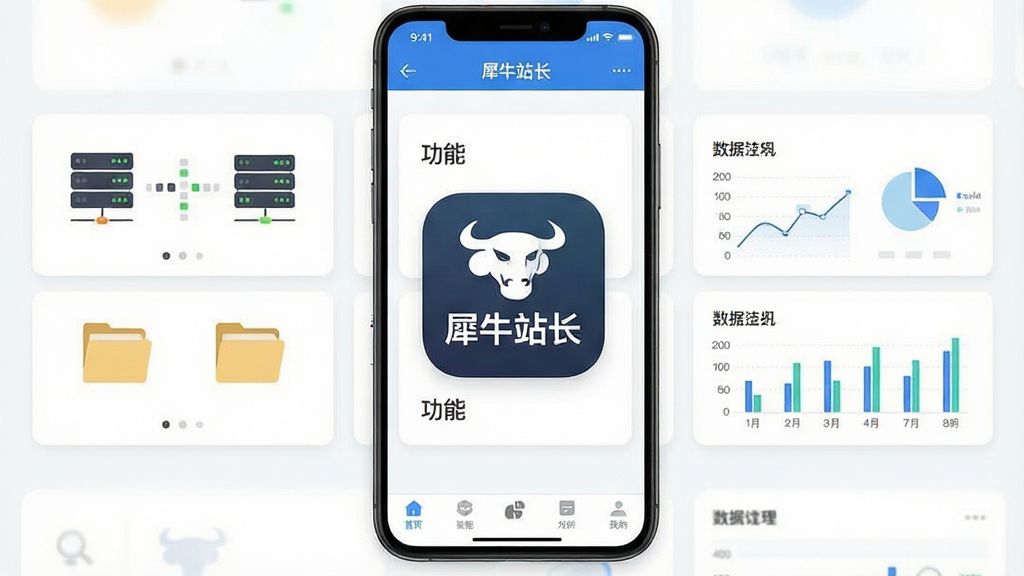 一张手机应用主界面截图,画面中央展示“犀牛站长”应用图标和主界面,布局为顶部标题栏、中间功能卡片区、底部导航栏,排版简洁清晰,风格为现代扁平化科技风,细节包含服务器状态图标、文件管理图标、数据统计图表,画质高清干净,无多余元素