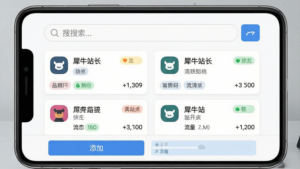 一张手机应用多站点管理界面,画面主体为“犀牛站长”站点列表页,布局为上方搜索栏、中间站点卡片、下方添加按钮,排版为双列网格布局,风格为轻量级管理工具风格,细节包含不同站点图标、状态标签、流量数值,画质干净无杂乱,无多余元素
