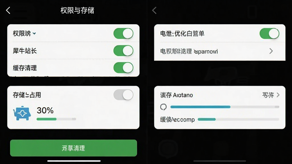 一张手机应用设置页面截图,画面主体为“犀牛站长”权限与存储设置界面,布局为上方权限开关列表、中间存储占用展示、下方清理按钮,排版为分组设置项,风格为系统设置类应用风格,细节包含电池优化白名单选项、缓存清理图标、存储空间进度条,画质干净整洁,无多余元素