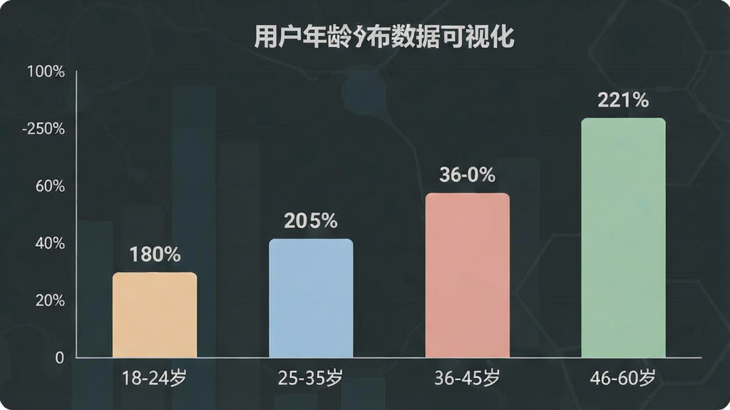 一张柱状图,画面主体为用户年龄分布数据可视化,布局为横轴年龄区间、纵轴人数占比,排版为四根柱子依次排列,风格为扁平化信息图表风格,细节包含“18-24岁”“25-35岁”“36-45岁”“46-60岁”标签、百分比数值、柔和配色,画质清晰无杂乱,无多余元素