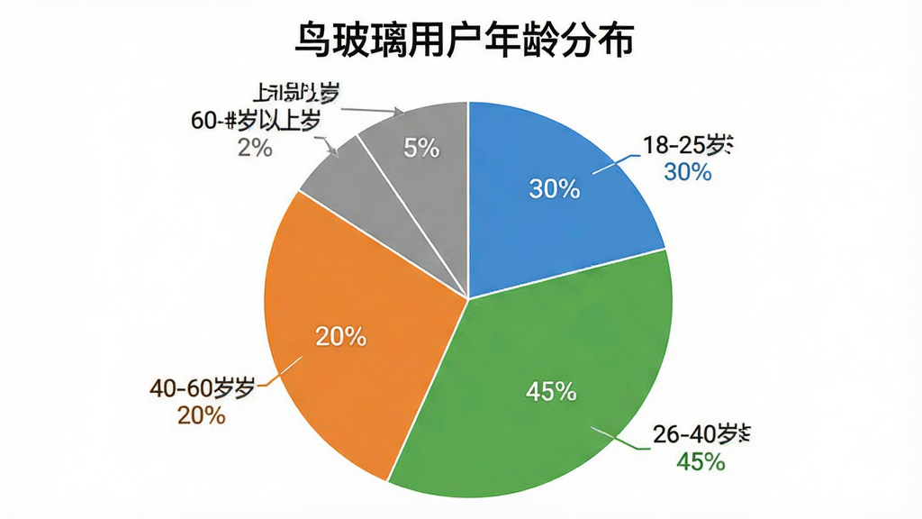 一张AI生图,展示一个饼状图,标题是“鸟玻璃用户年龄分布”,饼图分为四个部分,分别标注18-25岁占30%,26-40岁占45%,40-60岁占20%,60岁以上占5%,颜色分别为蓝色、绿色、橙色、灰色,背景干净白色,风格简洁数据可视化,细节清晰,画质干净,无多余元素