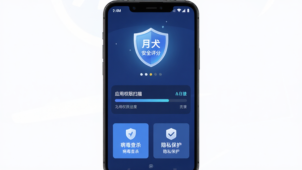 月犬云盾 手机安全防护界面展示,主体是一部安卓手机屏幕,屏幕上显示月犬云盾应用的首页仪表盘,布局为顶部是安全评分盾牌图标,中间是应用权限扫描进度条,底部是病毒查杀和隐私保护两个大按钮,排版简洁清晰,风格为现代科技扁平化,细节上盾牌有轻微发光效果,背景是深蓝色渐变,画质干净无多余元素,高清2K分辨率