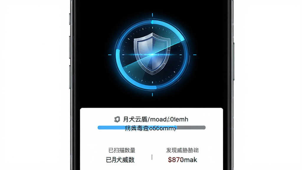 月犬云盾 病毒查杀进行中界面,主体是手机屏幕显示扫描进度圆圈,布局为顶部是旋转的盾牌扫描动画,中间是当前扫描文件路径,底部是已扫描数量和发现威胁数,排版居中对称,风格为动态科技感,细节上进度圈有蓝色光晕,背景为纯黑色,画质干净无多余元素,高清2K分辨率