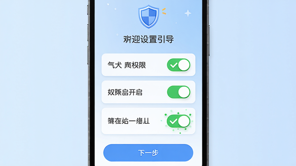 月犬云盾 新手设置引导界面,主体是手机屏幕显示权限开启引导步骤,布局为顶部是盾牌图标和欢迎语,中间是三个权限开关卡片,底部是下一步按钮,排版为垂直列表,风格为友好引导式,细节上开关带有绿色对勾动画,背景为浅蓝色渐变,画质干净无多余元素,高清2K分辨率
