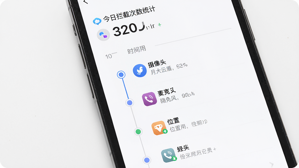 月犬云盾 隐私保护监控面板,主体是手机屏幕显示隐私调用记录时间线,布局为顶部是今日拦截次数统计,中间是时间轴列表展示摄像头、麦克风、位置调用记录,排版为垂直时间线,风格为现代简约,细节上不同权限用不同颜色图标区分,背景为白色,画质干净无多余元素,高清2K分辨率