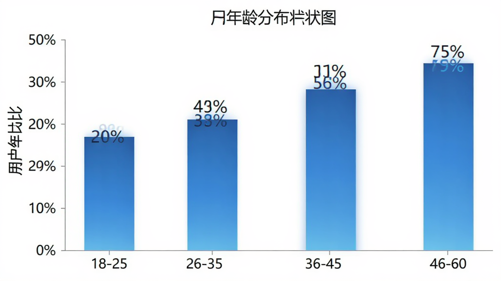月犬云盾 用户年龄分布柱状图,主体是柱状图图表,布局为横轴是年龄段18-25、26-35、36-45、46-60,纵轴是用户占比百分比,排版清晰,风格为数据可视化扁平化,细节上柱子颜色为渐变蓝色,顶部有百分比数值标签,背景为白色,画质干净无多余元素,高清2K分辨率