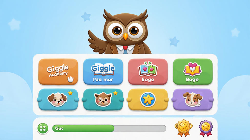 Giggle Academy 应用主界面全景展示,顶部是可爱的卡通猫头鹰博士形象,中间是色彩明快的课程卡片和互动游戏入口,底部有学习进度条和成就徽章,整体布局清晰,风格活泼童趣,细节圆润,画质干净无多余元素,背景为柔和的浅蓝色渐变,画面中包含文字