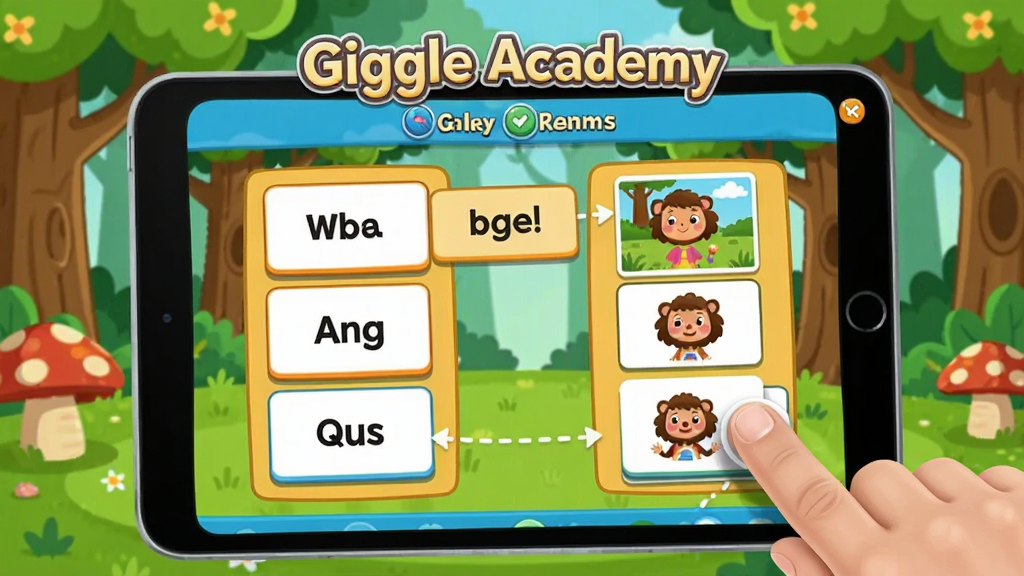 Giggle Academy 互动问答界面特写,屏幕中央是一个拖拽配对游戏,左边是英文单词卡片,右边是对应的图片,手指正在拖动卡片进行连接,背景是卡通森林场景,色彩鲜艳,风格明快,界面中包含文字