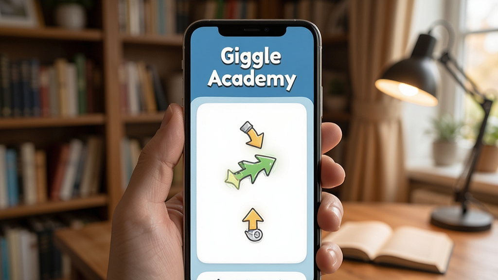 Giggle Academy 手机端操作示意图,一只手拿着手机,屏幕上显示着新手引导的箭头提示,背景是温馨的书房环境,风格写实,画质清晰,画面中包含文字