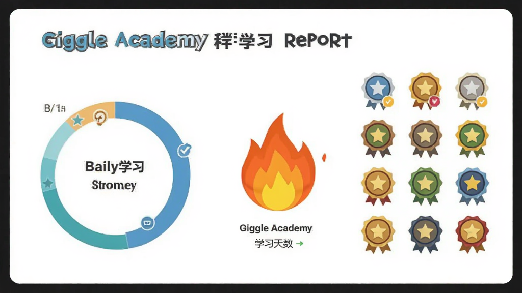 Giggle Academy 学习报告页面,展示一个圆环形的每日学习进度图表,旁边有连续学习天数的火焰图标和已获得的成就徽章墙,布局整洁,风格现代扁平,画质干净,界面中包含文字