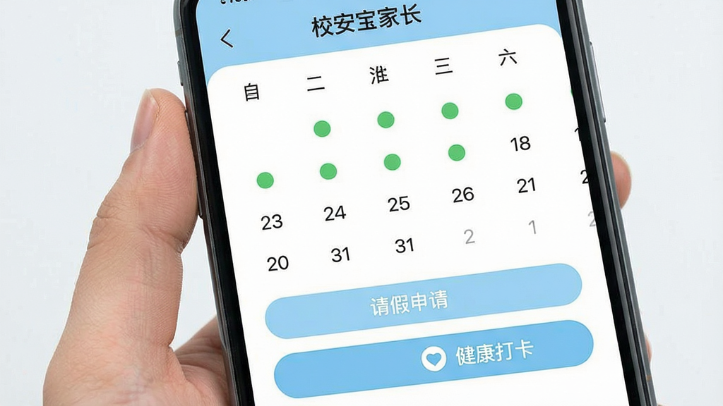 一张展示“校安宝家长”打卡与请假功能的手机界面截图,画面中是一个日历视图,日期下方有绿色圆点表示已打卡,下方有“请假申请”按钮和“健康打卡”按钮,界面配色为白色和浅蓝色,按钮设计圆润,文字标签清晰,整体风格简约实用,画质干净无多余元素。