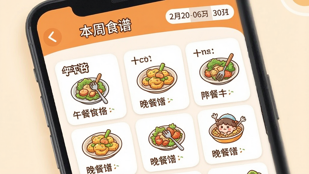 一张展示“校安宝家长”校园食谱功能的手机界面截图,画面中显示一周的午餐和晚餐菜单,每餐有菜品名称和图片小图标,顶部有“本周食谱”标题和日期切换按钮,界面配色温暖,以橙色和白色为主,风格卡通可爱,文字清晰易读,画质干净无多余元素。