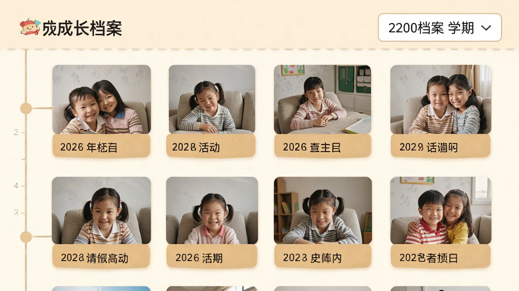 一张展示“校安宝家长”成长档案功能的手机界面截图,画面中是一个时间线布局的照片墙,每张照片下方有日期和活动名称标签,顶部有“成长档案”标题和学期筛选下拉框,界面背景为浅色,照片排列整齐,风格温馨,画质清晰干净,无多余元素。