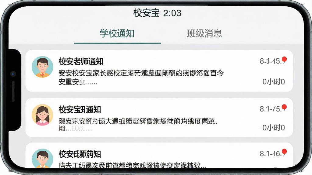 一张展示“校安宝家长”消息通知功能的手机界面截图,画面中是一个消息列表页面,顶部有“学校通知”和“班级消息”两个分类标签,列表中显示多条来自老师的通知卡片,卡片上有标题、摘要和时间,未读消息有红点提示,背景为浅灰色,文字清晰,风格简洁扁平,画质干净无多余元素。