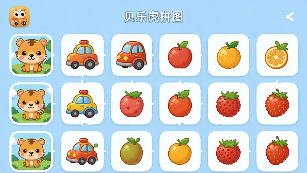 贝乐虎拼图App内展示多个拼图主题分类的界面,画面中有动物、交通工具、水果等不同类别的拼图缩略图整齐排列,背景为柔和的浅蓝色,风格卡通可爱,画质干净清晰