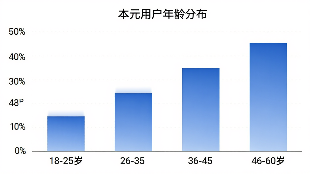本元用户年龄分布柱状图,横轴为18-25岁、26-35岁、36-45岁、46-60岁四个年龄段,纵轴为用户人数占比,柱状颜色为蓝色渐变,图表上方标注“本元用户年龄分布”,风格简洁专业,画质清晰,无多余元素