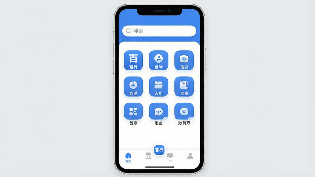 一张手机屏幕展示图,画面中央是“百行”应用的主界面,整体布局简洁清爽,顶部有搜索栏,中间是功能图标矩阵,底部是导航栏,风格现代扁平化,配色以蓝白为主,细节圆润,画质干净无多余元素,背景为浅灰色,突出应用界面本身。
