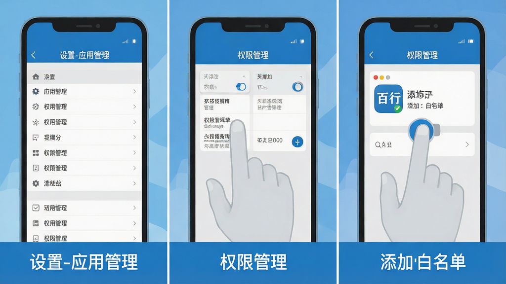 一张手机操作步骤示意图,画面分为三格,第一格显示“设置-应用管理”界面,第二格显示“权限管理”界面,第三格显示“百行”图标被添加至白名单,每格下方有简单中文标注,风格为扁平化教学插图,配色以蓝白灰为主,画质干净无杂乱元素。