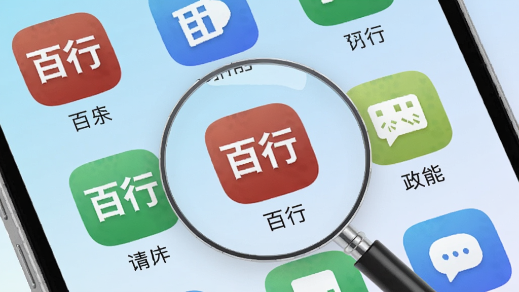 一张手机界面特写图,画面中“百行”应用的功能图标整齐排列,每个图标下方有中文标签,背景为淡蓝色渐变,图标风格统一为圆角矩形,画面中心有一个放大镜效果突出其中一个工具图标,整体风格干净现代,无多余装饰元素。