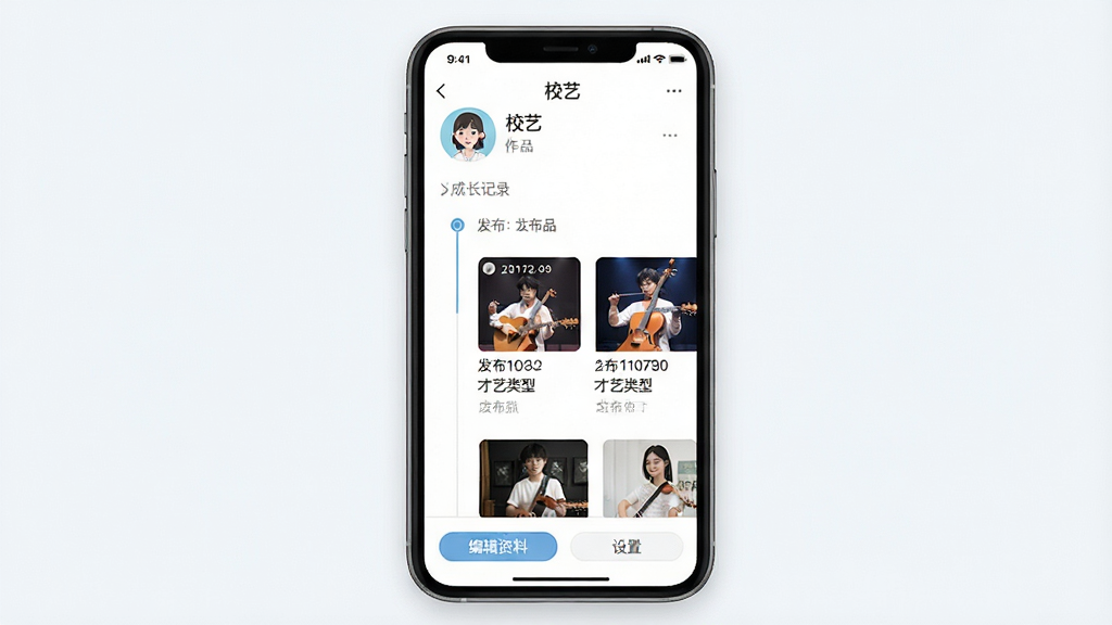 一张展示“校艺”App个人成长记录页面的图片,画面主体是手机屏幕,屏幕中显示“校艺”的个人主页,顶部有用户头像和昵称,中间是时间线形式排列的作品缩略图,每个作品标注了发布日期和才艺类型,底部有编辑资料和设置按钮,整体布局简洁,风格清新,细节清晰,画质干净,无多余元素