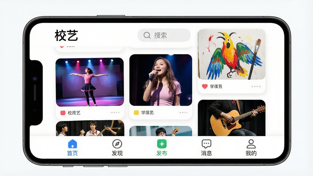 一张展示校园才艺社区App核心界面的图片,画面主体是一部智能手机,屏幕中显示“校艺”App的主页,主页顶部有“校艺”字样和搜索栏,中间是瀑布流形式的学生才艺作品卡片,包含舞蹈、唱歌、绘画、乐器演奏等封面图,底部有首页、发现、发布、消息、我的五个导航按钮,整体布局清晰,排版整齐,风格青春活力,细节圆润,画质干净,无多余元素