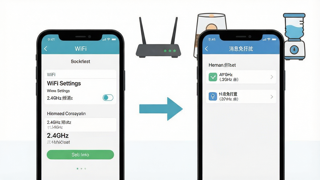 一张展示霍曼宠物App操作技巧的示意图,画面分为左右两部分,左侧是手机屏幕显示WiFi设置和2.4GHz频段选择界面,右侧是手机屏幕显示消息免打扰设置页面,中间用箭头连接,背景有路由器、智能喂食器和饮水机的简笔画图标,风格为扁平化教程插画,色彩清晰,细节简洁,画质干净无多余元素。