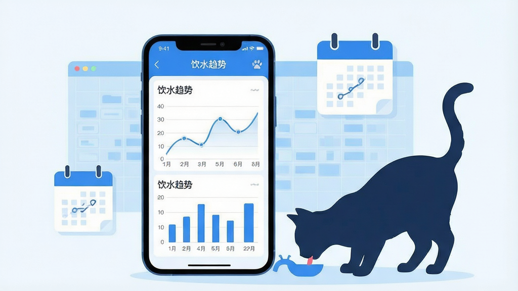 一张展示霍曼宠物App健康数据追踪功能的界面图,画面中央是一部手机,屏幕上显示着折线图和柱状图,图表标题为“饮水趋势”,手机旁边站着一只正在喝水的猫咪剪影,背景中有淡蓝色的数据网格和日历图标,风格为清爽的数据可视化插画,色彩以蓝白为主,细节干净,画质清晰无多余元素。