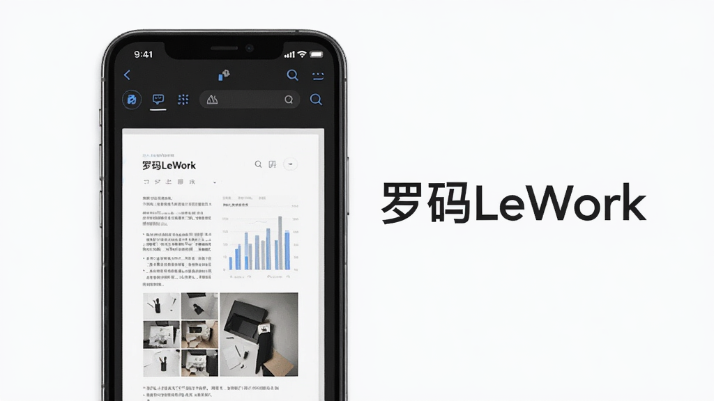 一张展示罗码LeWork轻量文档处理功能的图片,画面主体是一部手机,手机屏幕上显示着文档预览界面,旁边有“罗码LeWork”字样,布局居中,风格简约商务,细节清晰,画质干净,无多余元素