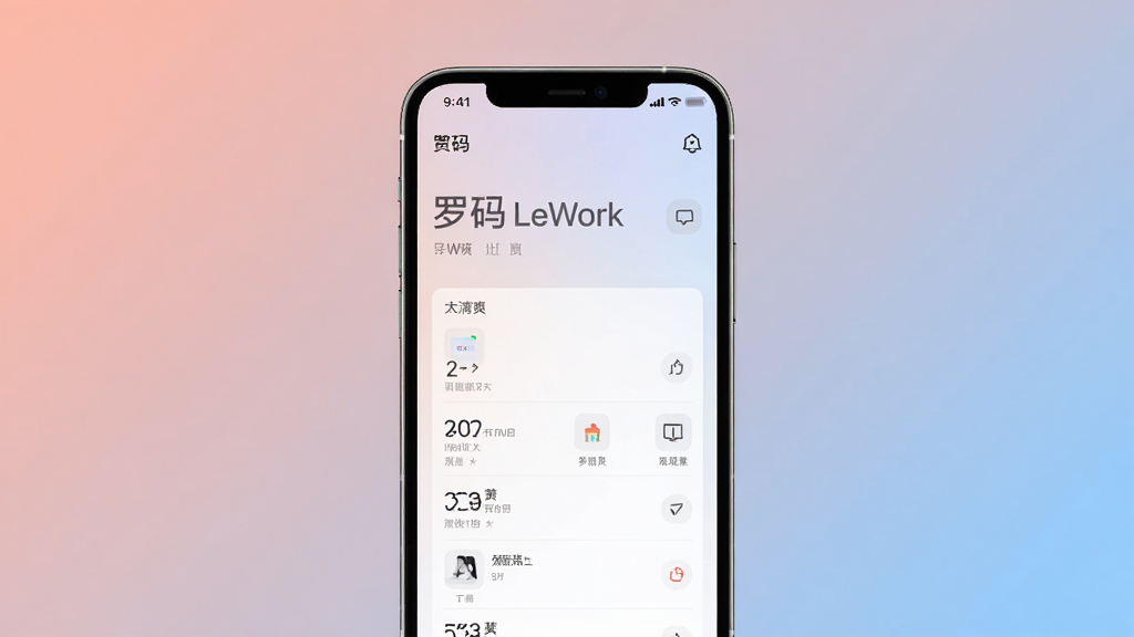 一张展示罗码LeWork无广告清爽界面的图片,画面中手机屏幕显示罗码LeWork主界面,界面干净无弹窗,背景是纯色渐变,布局极简,风格清新,细节柔和,画质干净,无多余元素