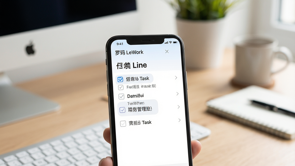 一张展示罗码LeWork任务管理功能的图片,画面中一部手机显示待办清单界面,有勾选框和任务条目,背景是柔和的工作台场景,布局清晰,风格清爽,细节精致,画质干净,无多余元素