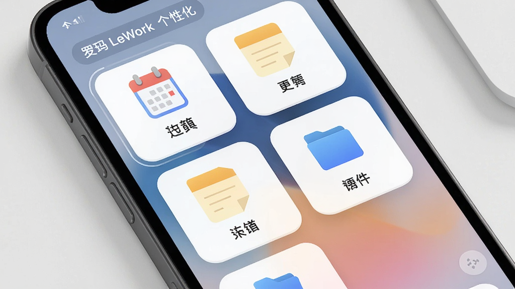 一张展示罗码LeWork个性化工作台设置的图片,画面中手机屏幕显示可拖拽的功能卡片,有日历、便签、文件等图标,布局灵活,风格现代,细节圆润,画质干净,无多余元素