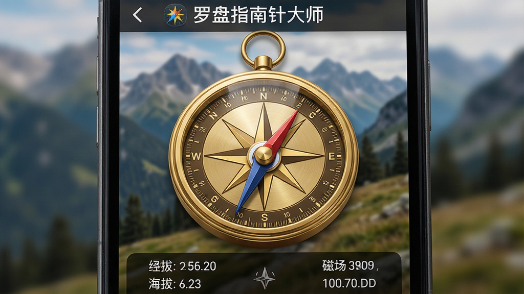 一张手机屏幕特写,画面正中央是“罗盘指南针大师”应用的主界面,一个精致的金色罗盘指针稳稳指向北方,背景是虚化的户外山景,屏幕下方显示经纬度、海拔和磁场强度数据,整体风格写实且干净,画质清晰无多余元素