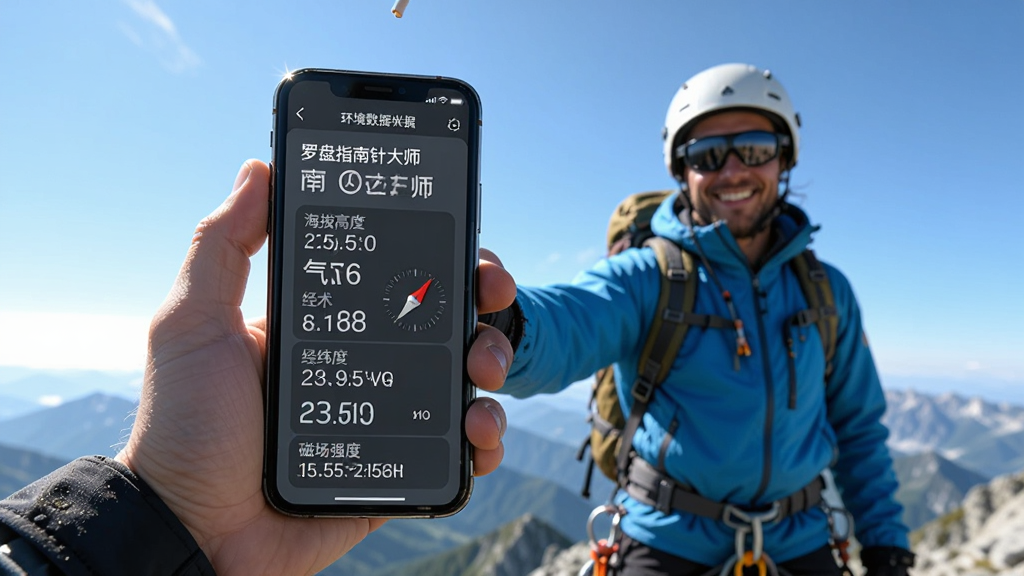 手机屏幕展示“罗盘指南针大师”的环境数据面板,上面有海拔高度、气压值、经纬度坐标和磁场强度数值,背景是登山者在山顶举着手机的画面,天空湛蓝,风格明亮清晰