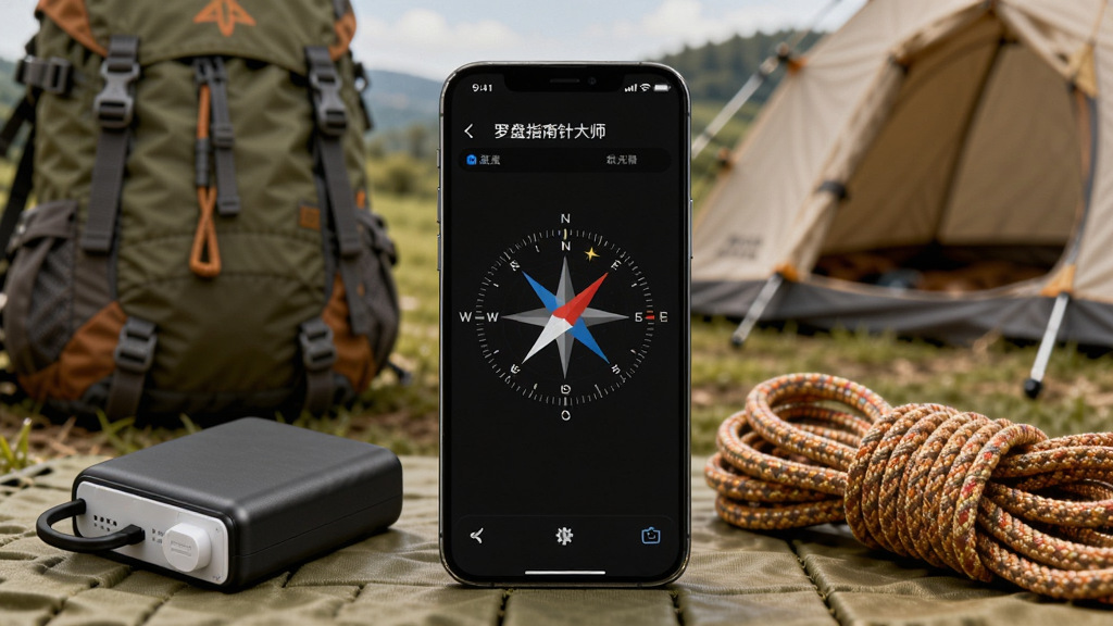 手机显示“罗盘指南针大师”界面,旁边放着一个充电宝和登山绳,背景是户外背包和帐篷,画面传达户外离线使用场景,风格自然,画质干净